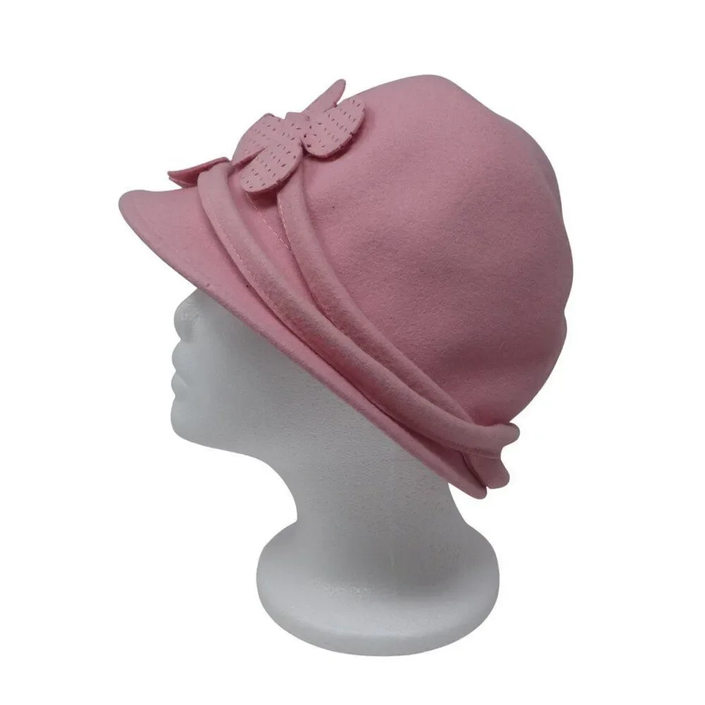 Vintage Ophelie Pink Wool Felt Flower Detail Bucket Cloche‎ Hat